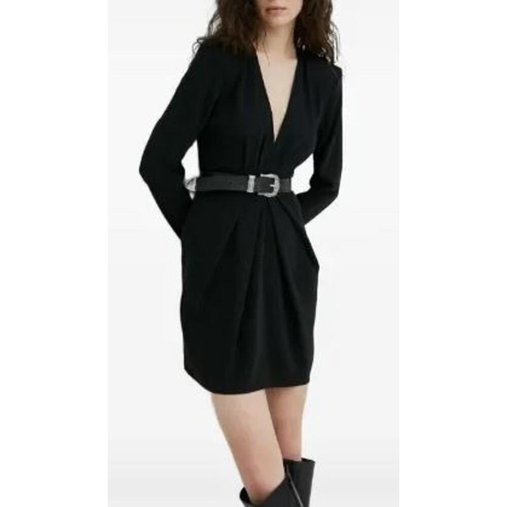 The Kooples 3/Large Pleated Mini Sheath Dress Black Padded Shoulder Long Sleeves